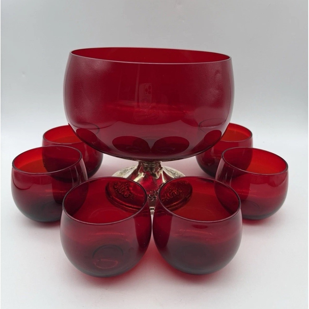 RARE Gorham Ruby Red Glass Compote Bowl w Sterling Foot & 6 Glasses Set